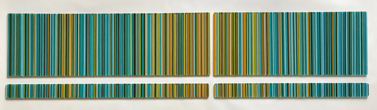Four horizontal striped rectangles are arranged in two rows on a pale background, with dense turquoise, blue, green and ochre vertical lines.