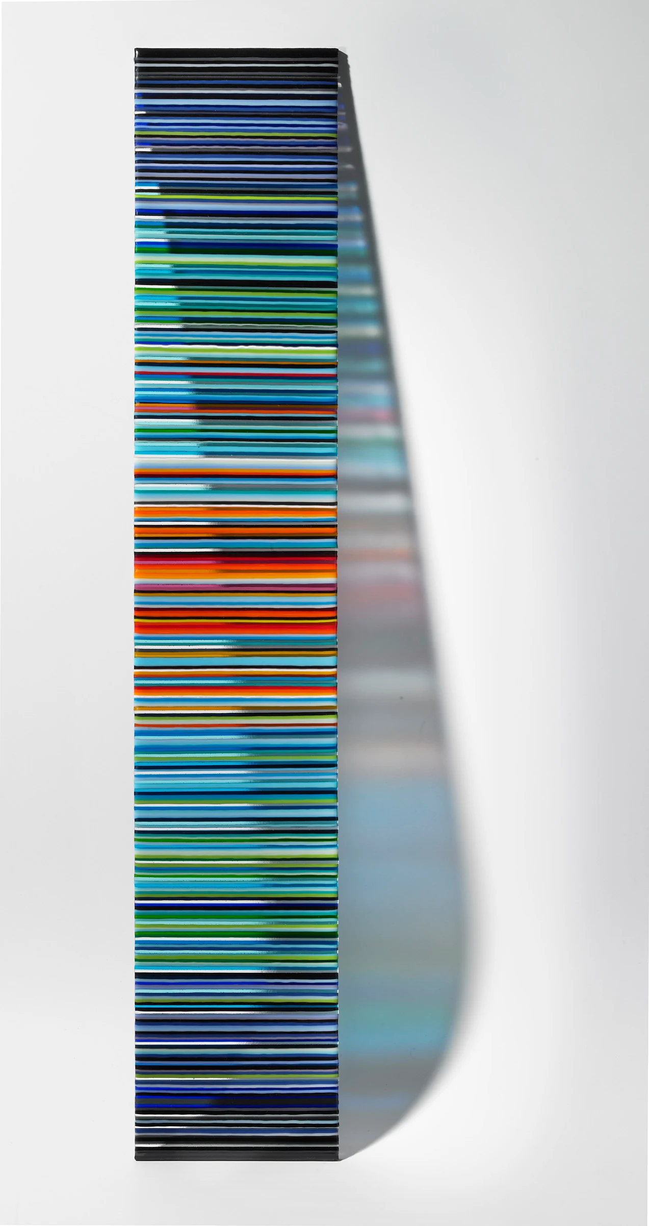 Narrow panel with predominantly blue horizontal stripes against white