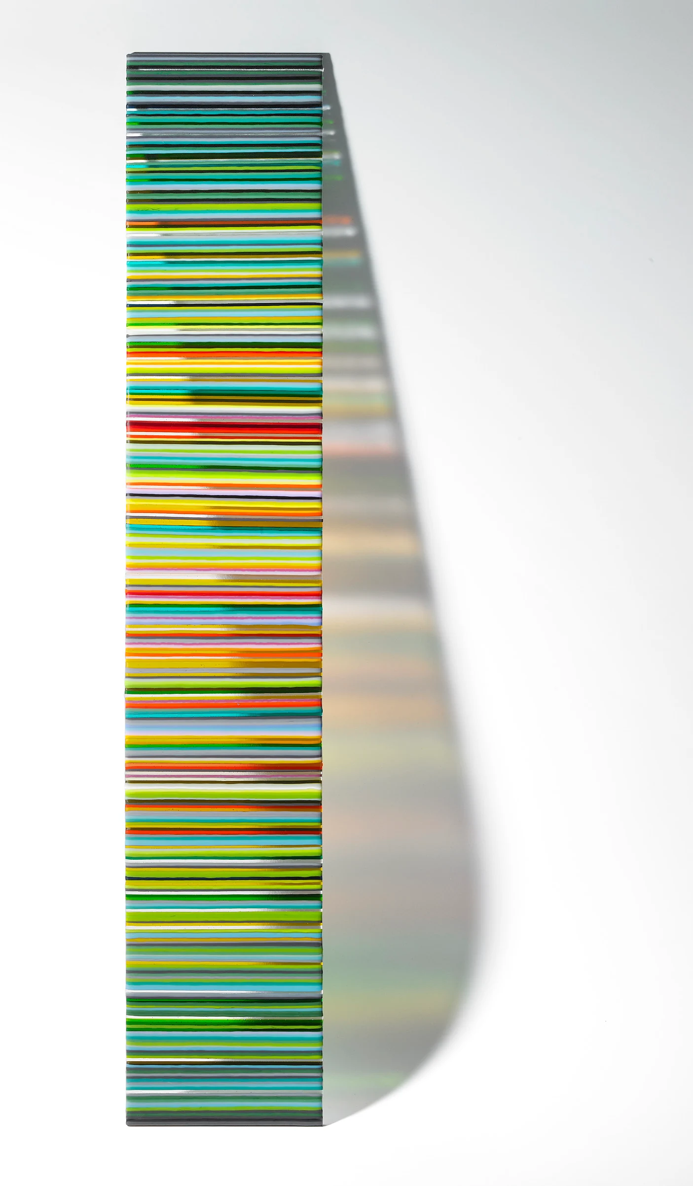 Narrow panel with predominantly green horizontal stripes against white